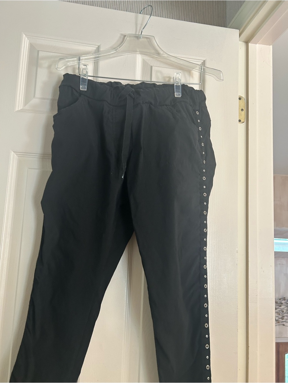 Black Women's Ankle Pants with Side Gromments and Rhinestones Trim